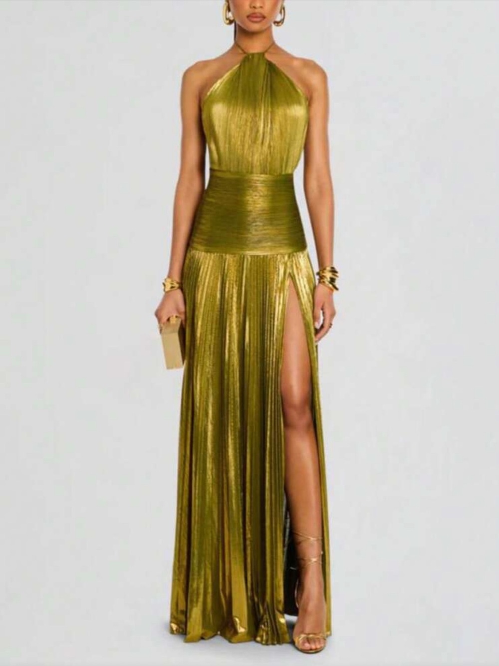 New Olive Green Metallic Maxi Dress Gown Elegant High-Slit dress~